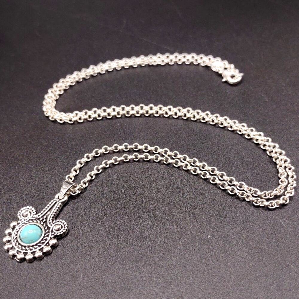 925 Silver Necklace W/ Turquoise Teardrop Floral Vine Boho Pattern Woman's Gift